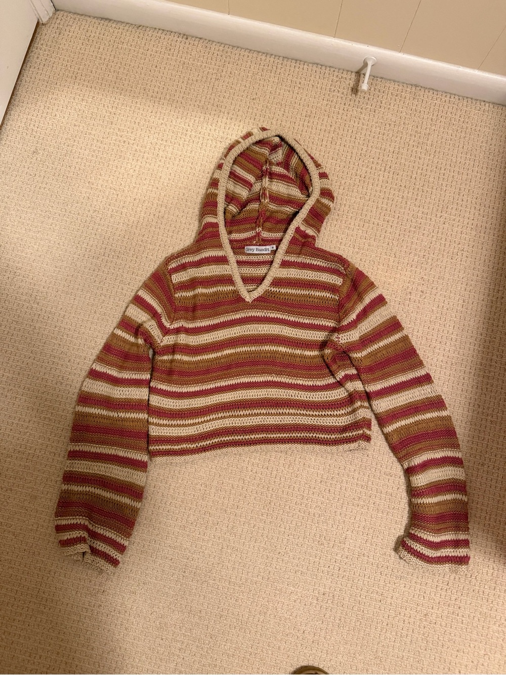 Striped V-Neck Hooded Cropped Sweater in Pink/Green/Cream